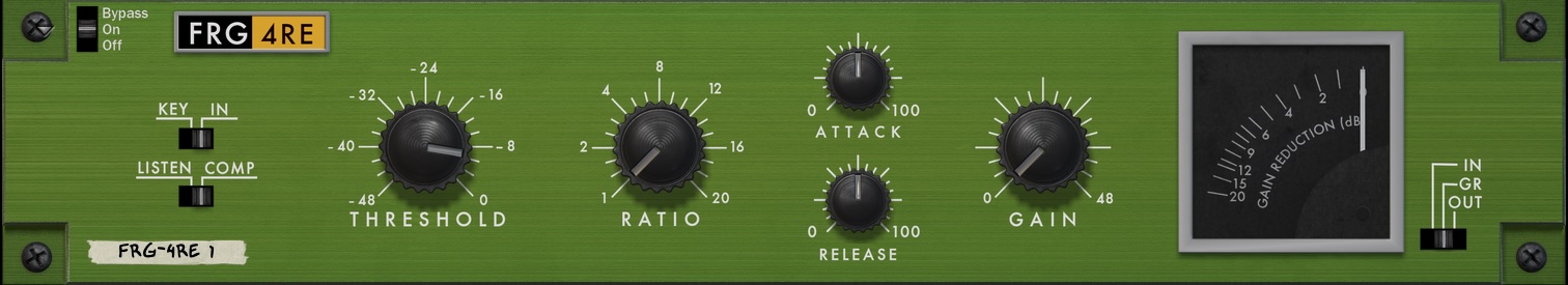screen capture of the McDSP FRG 4RE device in the Reason Rack. It's a large green device, with a brushed metal appearance.